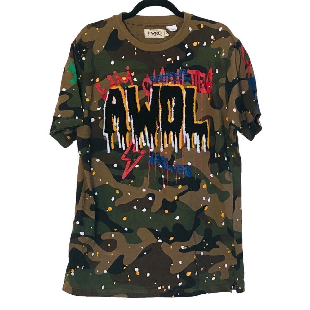 FWRD DENIM Camo Print Splatter Paint Patch AWOL T-Shirt Sz 2XL Runs Small NWOT
